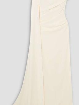 Cape-effect off-the-shoulder ruched stretch-cady gown