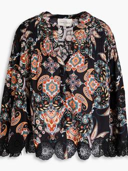 Emma guipure lace-paneled printed cotton-poplin blouse