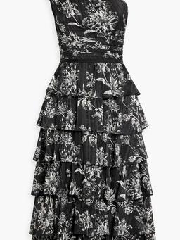 One-shoulder tiered floral-print jacquard midi dress