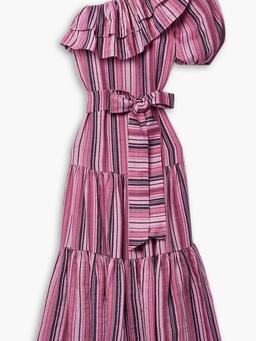 Arden one-sleeve ruffled striped linen-blend maxi dress