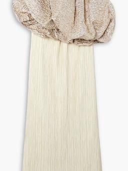 Convertible popcorn lamé and plissé-crepe gown