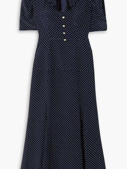 Bow-detailed polka-dot silk crepe de chine midi dress