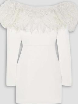 Off-the-shoulder feather-trimmed stretch-cady mini dress