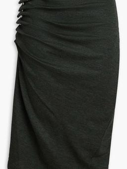 Asymmetric gathered wool-blend midi skirt