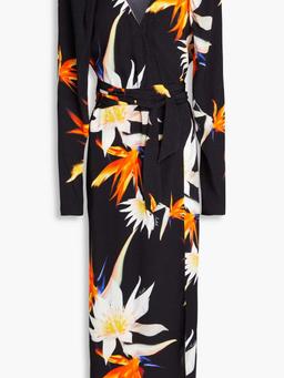 Floral-print satin-jacquard midi wrap dress