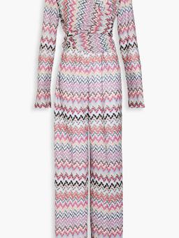 Wrap-effect metallic crochet-knit jumpsuit