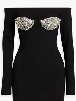 Off-the-shoulder crystal-embellished ponte mini dress