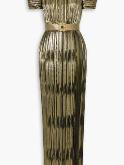 Belted metallic plissé-lamé gown