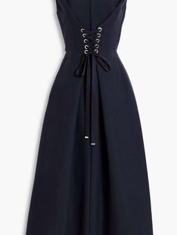 Lace-up wool-blend and denim midi dress