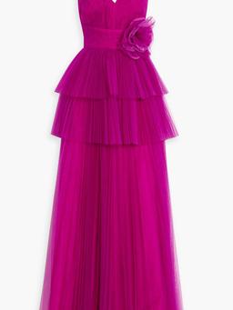 Tiered floral-appliquéd tulle gown