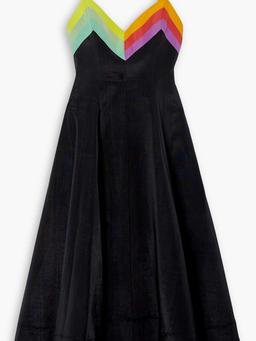 Striped silk-trimmed moire midi dress