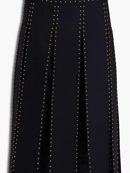 Studded pleated lace and silk-crepe midi skirt