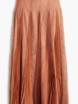 Pleated corded lace and silk-chiffon midi skirt