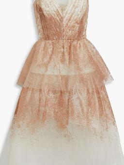 Strapless tiered glittered tulle midi dress