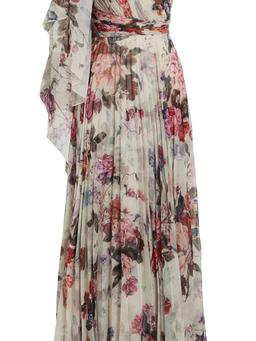 One-shoulder pleated floral-print chiffon gown