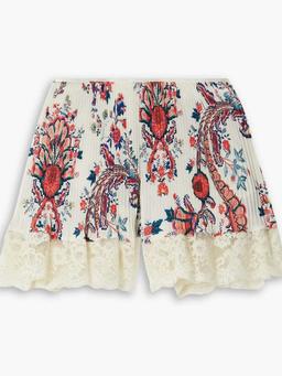 Lace-trimmed floral-print plissé-crepe de chine shorts
