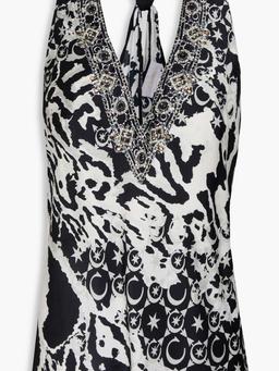 Crystal-embellished printed silk-satin top