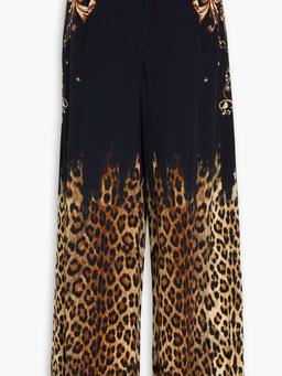 Crystal-embellished printed silk crepe de chine wide-leg pants