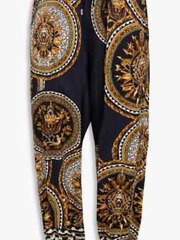 Cropped crystal-embellished printed silk-satin tapered pants