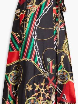 Crystal-embellished printed satin maxi wrap skirt