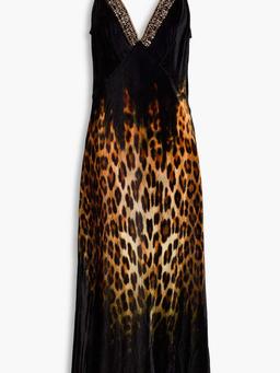 Embellished leopard-print velvet midi slip dress