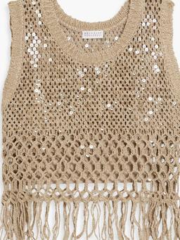 Fringed open-knit silk and linen-blend top