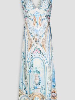 Crystal-embellished printed silk-satin midi dress