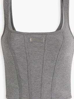 Cropped bead-embellished cotton-blend piqué bustier top