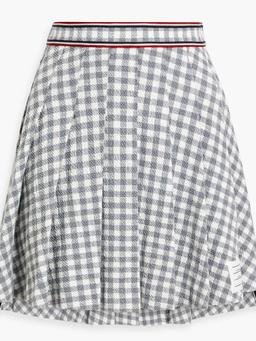 Pleated gingham cotton-blend bouclé-tweed mini skirt