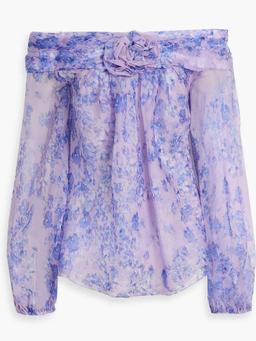 Off-the-shoulder appliquéd floral-print silk-organza top