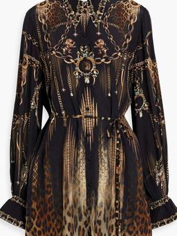 Embellished printed silk crepe de chine mini shirt dress