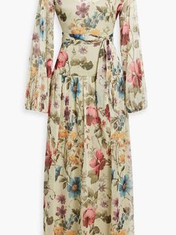 Belted floral-print chiffon maxi dress