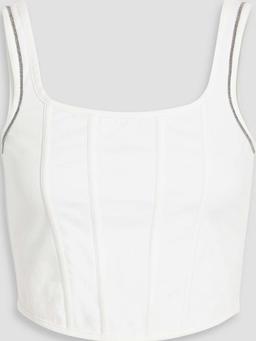 Cropped bead-embellished cotton-blend piqué bustier top