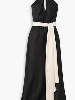 Belted two-tone cutout silk-satin gown