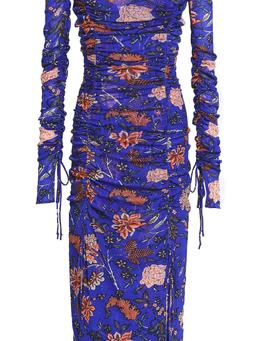 Corrine ruched floral-print stretch-mesh midi dress