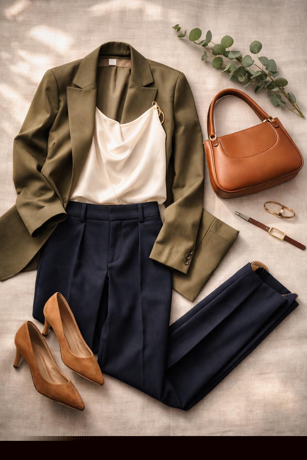A complete curated outfit of the day laid out on warm linen