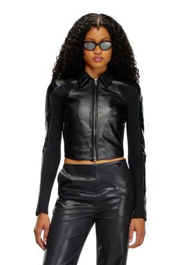 Cropped leather jacket with knit inserts