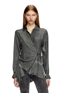 Asymmetric wrap shirt in wrinkled twill