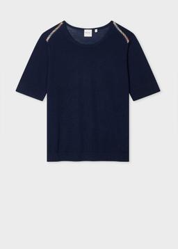 Paul Smith Women's Navy Silk-Wool Blend 'Signature Stripe' Trim Knitted Top Blue