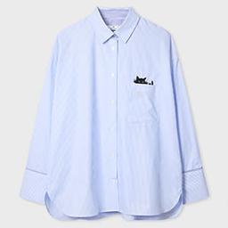 PS Paul Smith Women's Blue Striped Shirt with Cat Embroidery