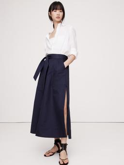 Cotton Sateen Side-Slit Maxi Skirt