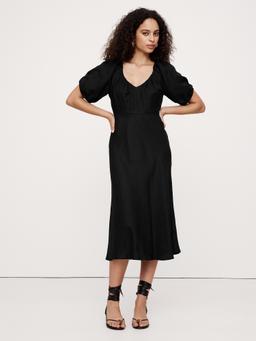 Viscose-Linen Ruched Long Midi Dress