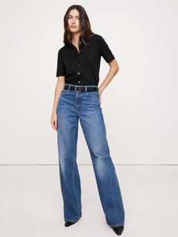 Silky Cotton Short-Sleeve Button-Down Top