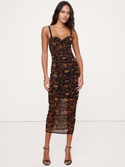 Ruched Mesh Corset Midi Dress