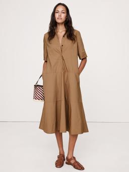 Cotton Poplin Tuxedo-Front Midi Dress