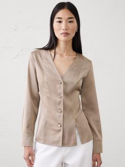 Silky Seamed Slit Blouse