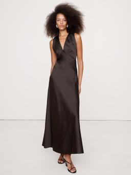 Stretch-Satin Cross-Back Maxi Dress