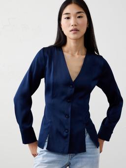 Silky Seamed Slit Blouse