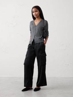 Wide-Leg Mid-Rise Satin Pull-On Cargo Pant