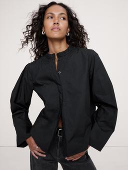 Cotton Poplin Banded-Collar Top